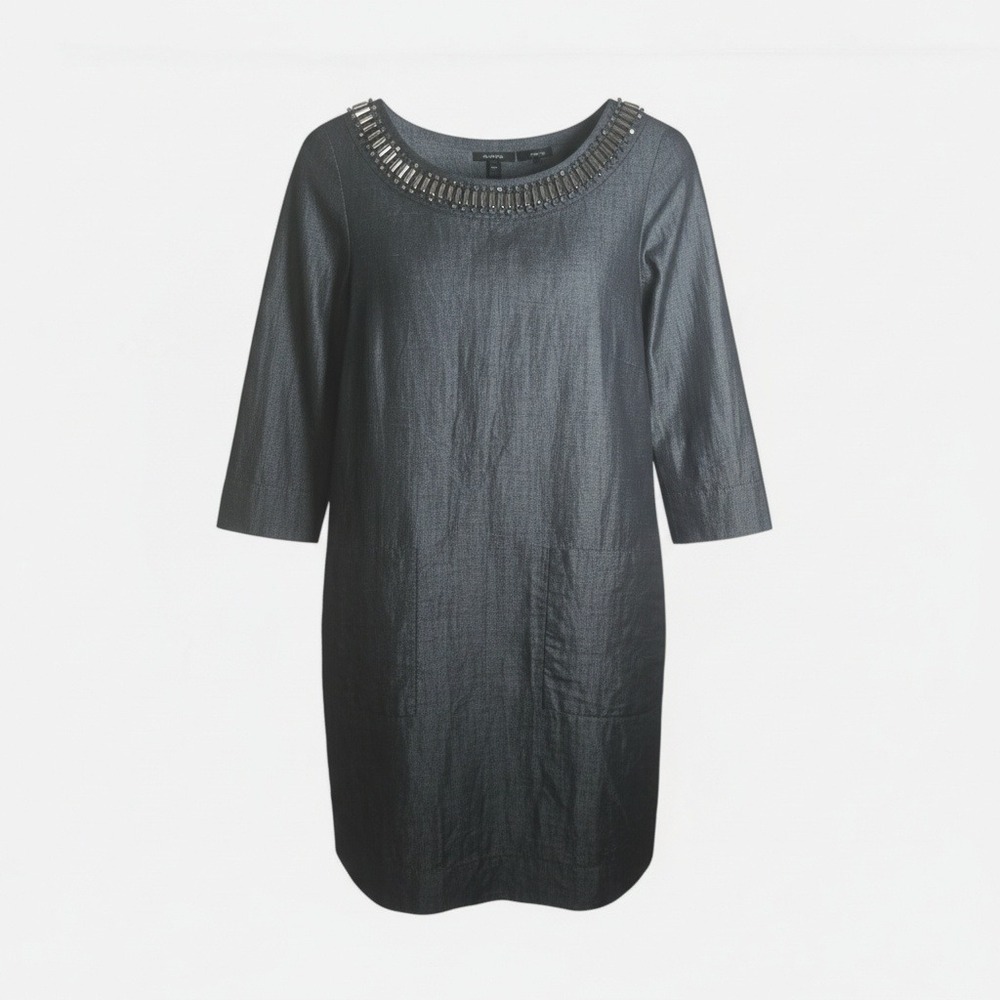 Weekend Max Mara Embellished Linen Shift Dress Gray Size 4 Beaded Neckline - Picture 2 of 11